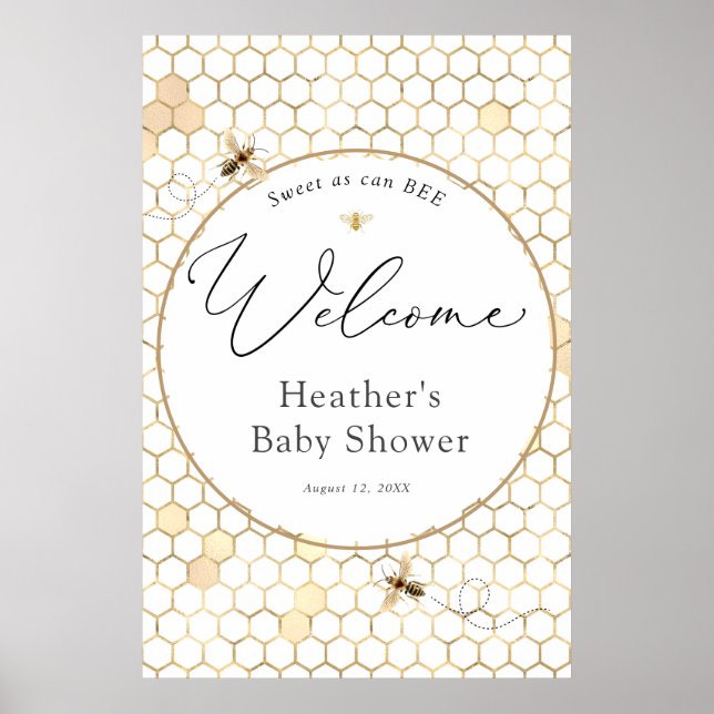 Modern Golden Bee Baby Shower Welcome Poster (Front)