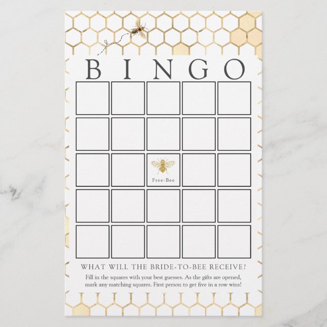 Modern Golden Bee Bridal Bingo Game Card (Front)