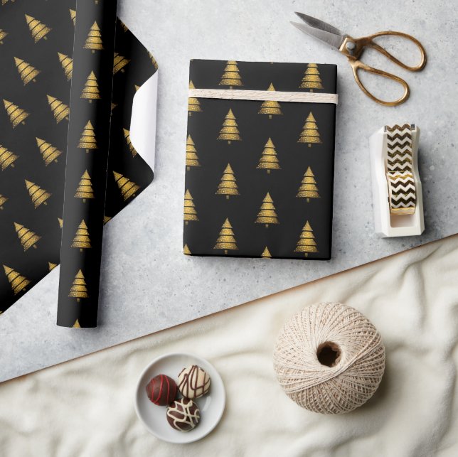Modern Golden Black Christmas Tree  Wrapping Paper (Crafts)