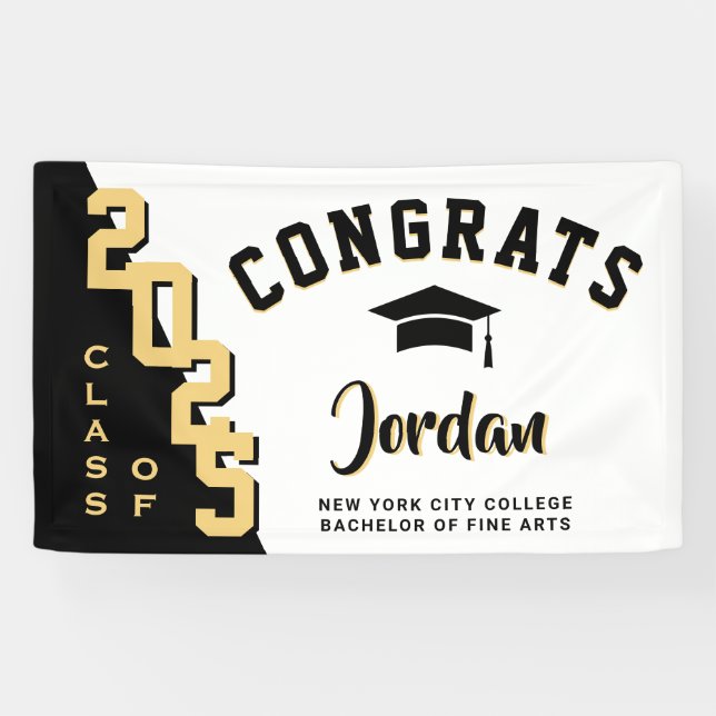 Modern Golden Black Graduation Class of 2025 Party Banner (Horizontal)