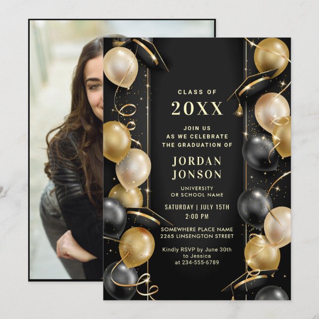 Modern Golden Black Graduation Hat Party Photo Invitation (Front/Back)