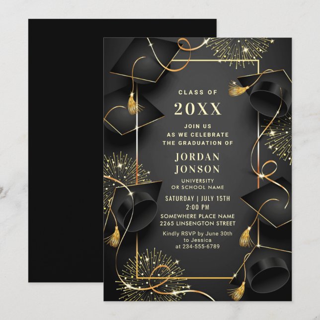 Modern Golden Black Graduation Party Invitation (Front/Back)