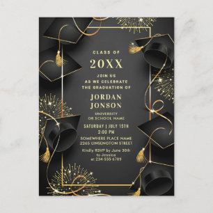 Modern Golden Black Graduation Party Invitation QR Postcard