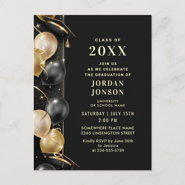 Modern Golden Black Graduation Party Invitation QR Postcard (Front)