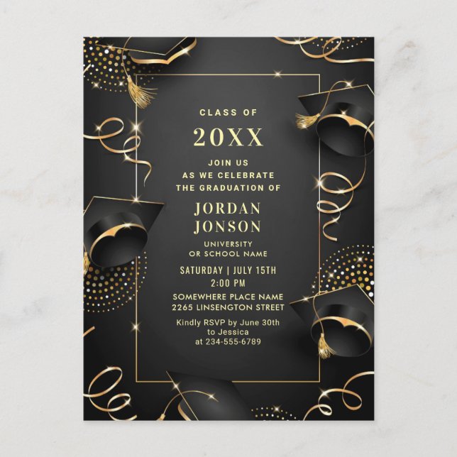 Modern Golden Black Graduation Party Invitation QR Postcard (Front)