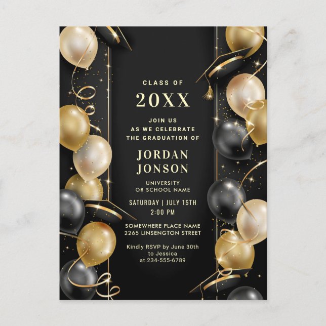 Modern Golden Black Graduation Party Invitation QR Postcard (Front)