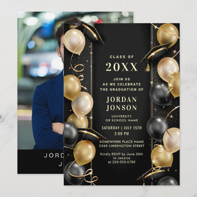 Modern Golden Black Graduation Party Photo Invitation (Front/Back)
