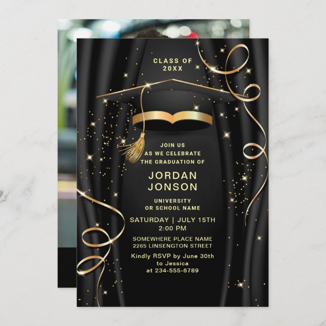 Modern Golden Black Graduation Party Photo Invitation (Front/Back)