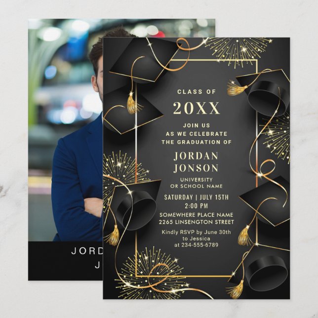 Modern Golden Black Graduation Party Photo Invitation (Front/Back)