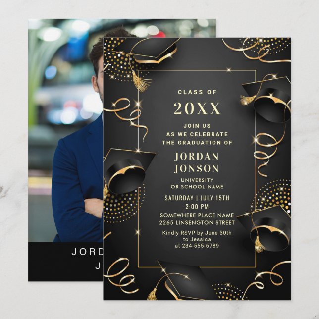 Modern Golden Black Graduation Party Photo Invitation (Front/Back)