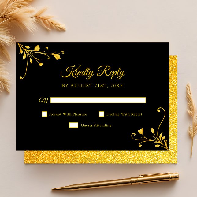 Modern Golden Black Minimalist Quinceanera RSVP Card (Creator Uploaded)