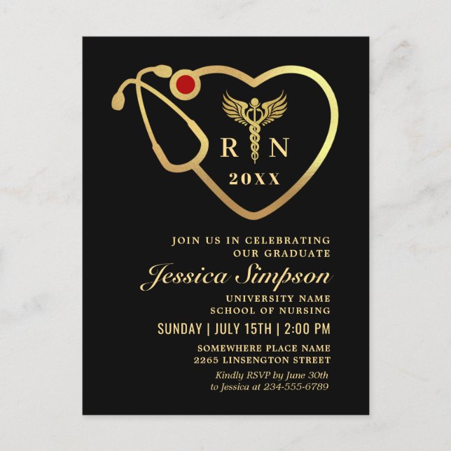 Modern Golden Black Nursing Graduation Invitation Postcard (Front)