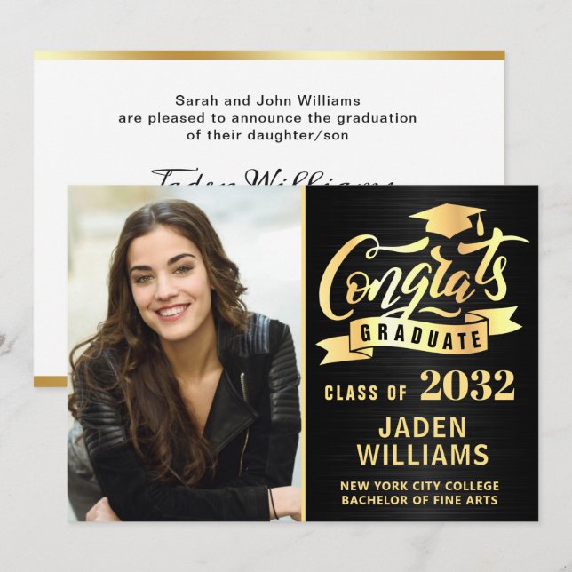 Modern Golden Black PHOTO Graduation Invitation (Front/Back)
