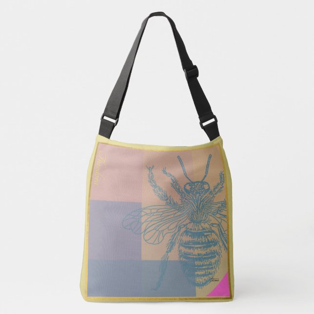 Modern Golden Blue Bee Crossbody Bag (Front)