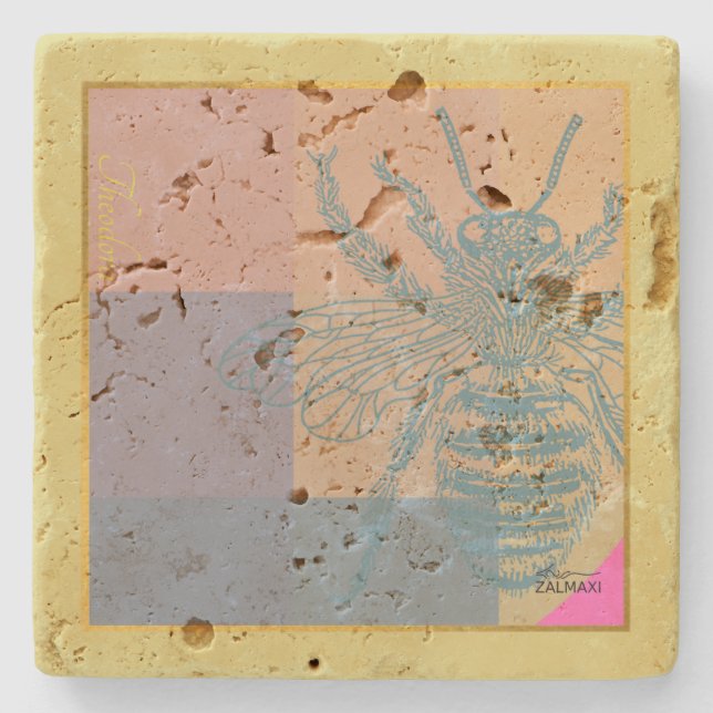 Modern Golden Blue Bee Stone Coaster (Front)