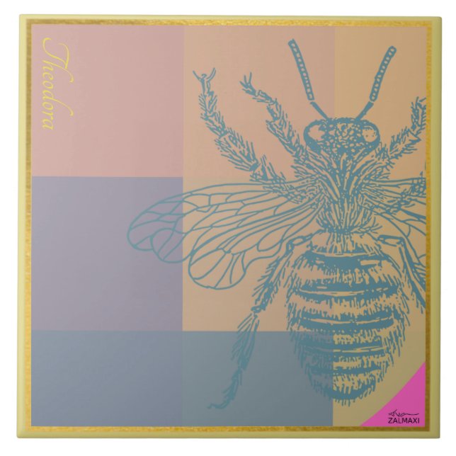 Modern Golden Blue Bee Tile (Front)