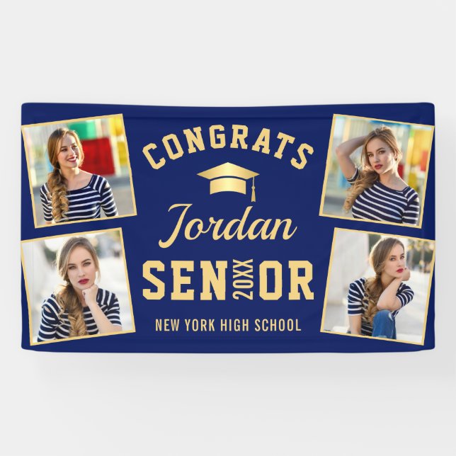 Modern Golden Blue Graduation Class of 2024 PHOTO Banner (Horizontal)