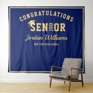 Modern Golden Blue Graduation Photo Booth Backdrop Tapestry