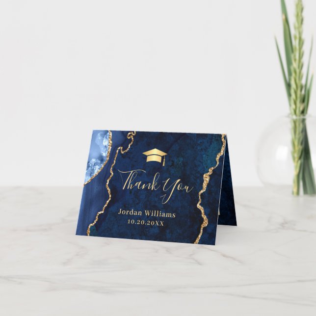 Modern Golden Blue Marble Agate Graduation Party Thank You Card (Front)