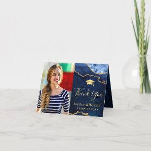 Modern Golden Blue Marble Agate Graduation Party Thank You Card