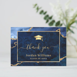 Modern Golden Blue Marble Agate Graduation Thank You Card