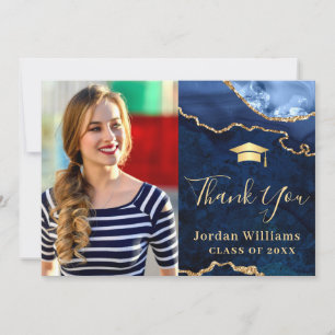 Modern Golden Blue Marble Agate Graduation Thank You Card