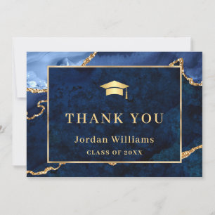 Modern Golden Blue Marble Agate Graduation Thank You Card