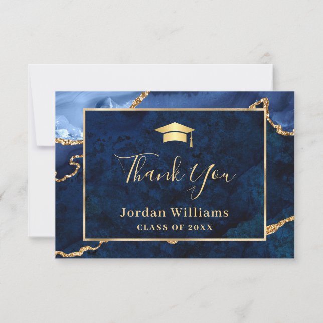 Modern Golden Blue Marble Agate Graduation Thank You Card (Front)