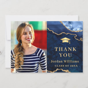Modern Golden Blue Marble Agate Graduation Thank You Card