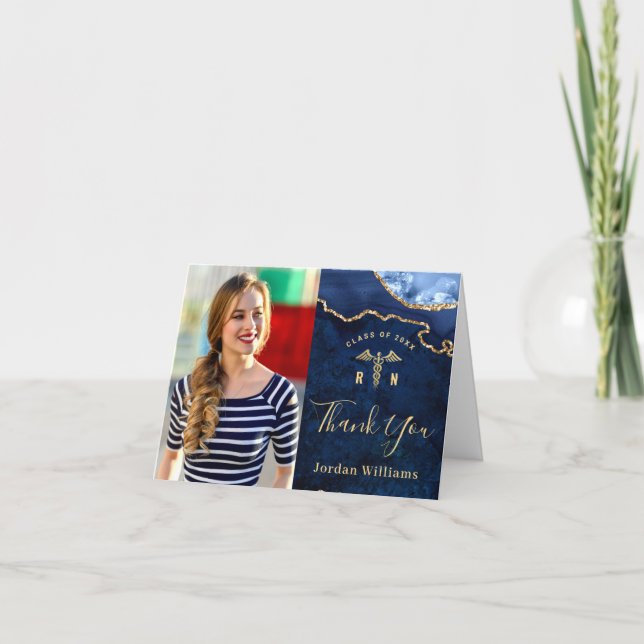 Modern Golden Blue Marble Agate RN Graduation Than Thank You Card (Front)