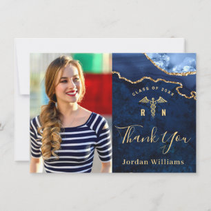Modern Golden Blue Marble Agate RN Graduation Thank You Card