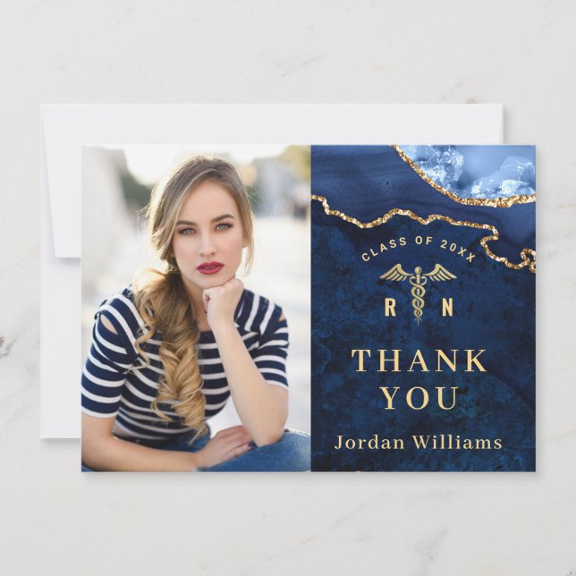 Modern Golden Blue Marble Agate RN Graduation Thank You Card (Front)