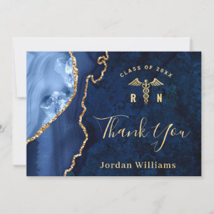 Modern Golden Blue Marble Agate RN Graduation Thank You Card