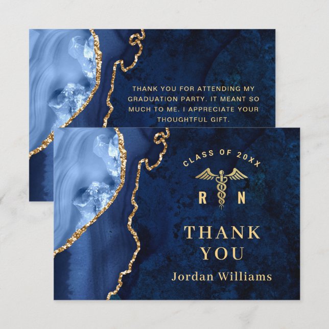 Modern Golden Blue Marble Agate RN Graduation Thank You Card (Front/Back)