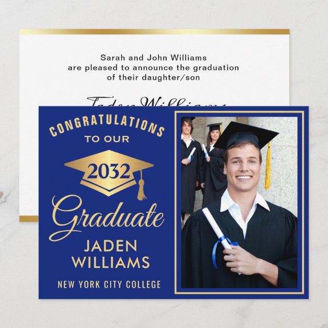 Modern Golden Blue PHOTO Graduation Invitation (Front/Back)