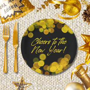 Modern Golden Bokeh Lights Cheers to New Year Paper Plate