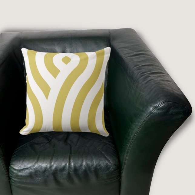 Modern Golden-Brown & White Wave Pattern Cushion (Golde-Brown and White Wave Pattern Throw Pillow on Black Armchair)