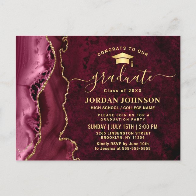 Modern Golden Burgundy Graduation Party Invitation Postcard (Front)