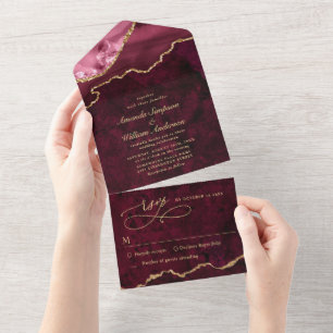 Modern Golden Burgundy Marble Agate Wedding All In One Invitation