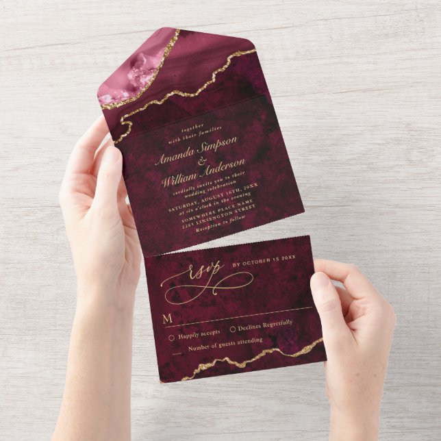 Modern Golden Burgundy Marble Agate Wedding All In One Invitation (Tearaway)