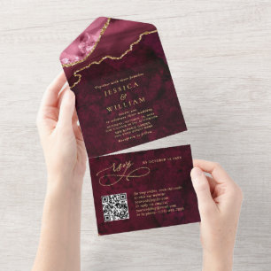 Modern Golden Burgundy Marble Agate Wedding All In One Invitation