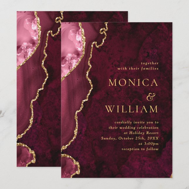 Modern Golden Burgundy Marble Agate Wedding Invitation (Front/Back)