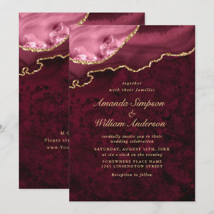 Modern Golden Burgundy Marble Agate Wedding Invitation