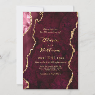 Modern Golden Burgundy Marble Agate Wedding Invitation