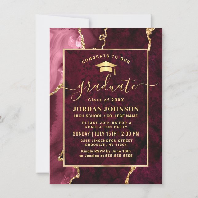 Modern Golden Burgundy Marble Graduation Party  Invitation (Front)