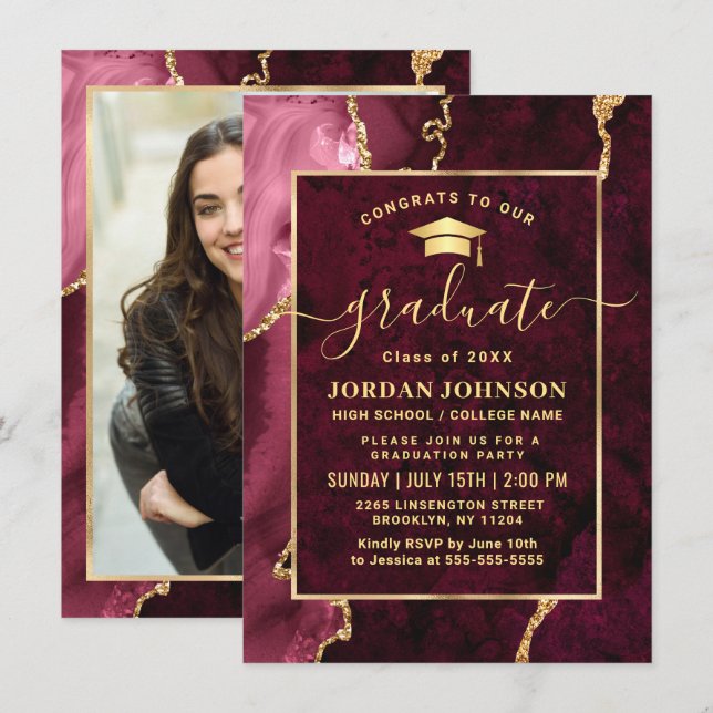 Modern Golden Burgundy Marble Graduation Party Invitation (Front/Back)