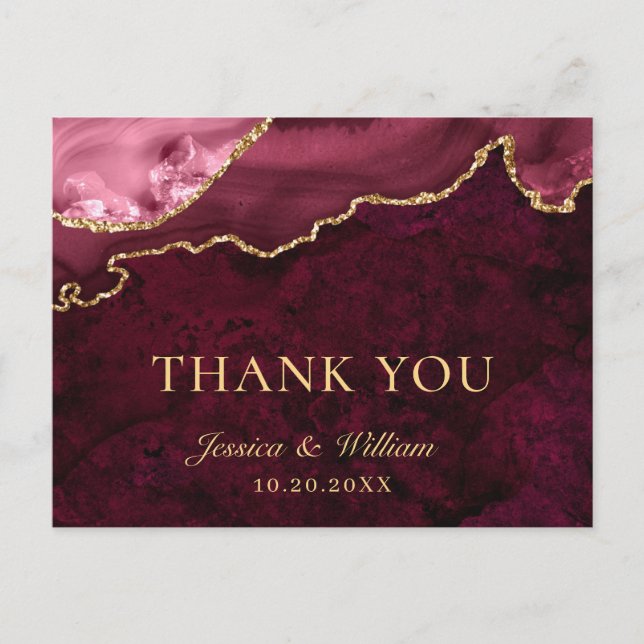 Modern Golden Burgundy Marble Wedding Thank You Postcard (Front)