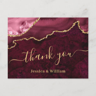 Modern Golden Burgundy Marble Wedding Thank You Postcard