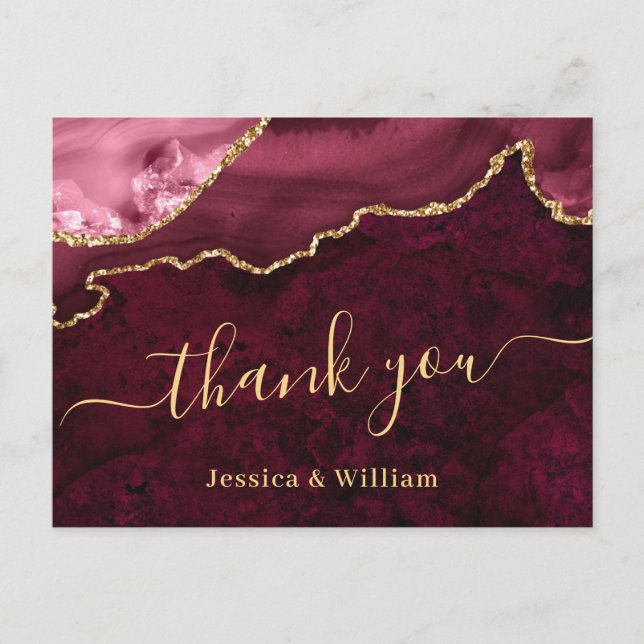 Modern Golden Burgundy Marble Wedding Thank You Postcard (Front)