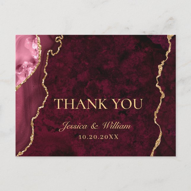 Modern Golden Burgundy Marble Wedding Thank You Postcard (Front)